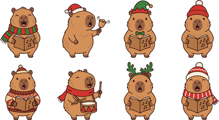 Fototapeta premium Cute Christmas Capybara vector illustration set with festive hats and winter accessories for holiday card designs