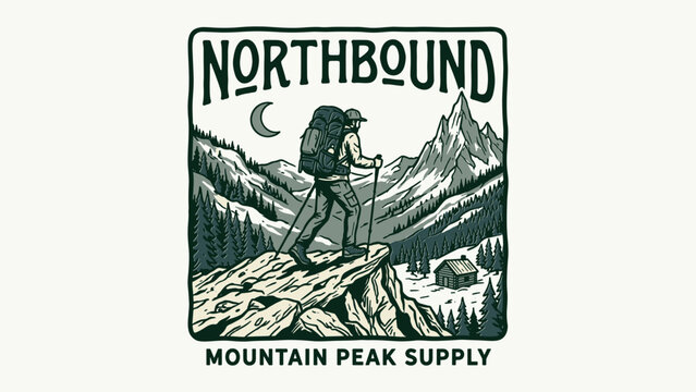 Vintage Northbound mountain hiker on cliff with snowy peaks and pine forest hand-drawn outdoor adventure badge illustration for t-shirt design print and apparel