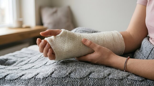 Close-up of a person with an arm cast resting on a bed