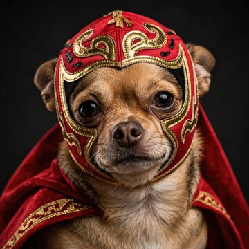 Chihuahua Dog Dressed as a Mexican Wrestler Lucha Libre.