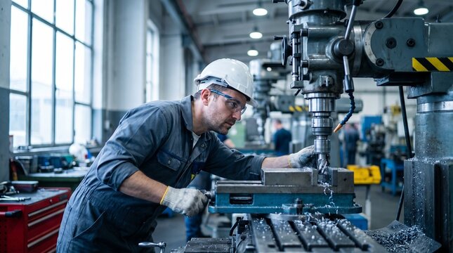 Factory machinist operating milling machine with safety helmet gloves and protective eyewear in metal manufacturing workshop