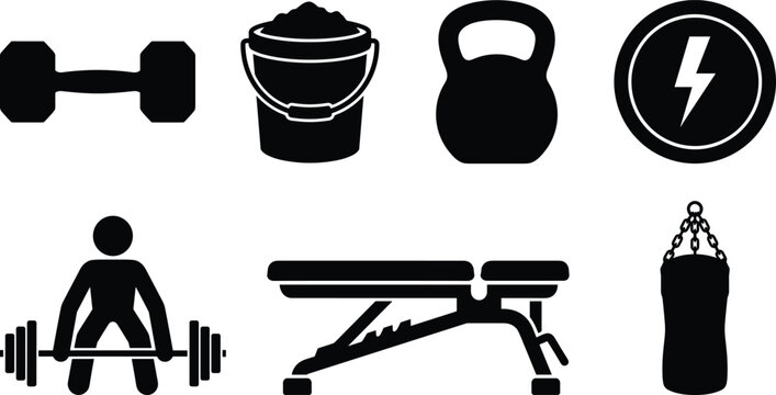 Fitness and gym equipment vector illustration featuring dumbbell kettlebell weight bench and boxing bag icons