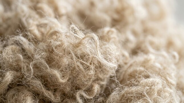 Close up macro shot of raw natural sheep wool fleece texture showing soft beige and cream curly animal fibers for textile crafting production
