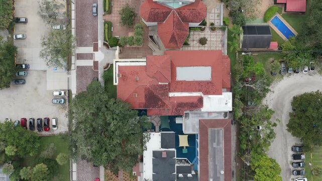 Aerial view of Memorial Presbyterian Church with its distinctive red roof and historic architecture in St. Augustine, Florida, United States.