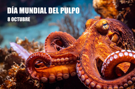  D&iacute;a Mundial del Pulpo cartel en el fondo marino, vida marina y biodiversidad oce&aacute;nica. Animal marino en su h&aacute;bitat natural, camuflaje y ecosistema submarino, conservaci&oacute;n de los oc&eacute;anos.
