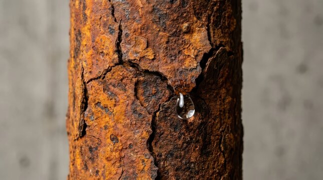 Close up macro view of a weathered rusted metal pipe showing severe corrosion and decay with a single water droplet dripping down slowly