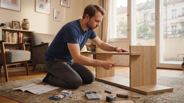 Man assembling a wooden shelf furniture kit on the living room floor with tools and instruction manual.