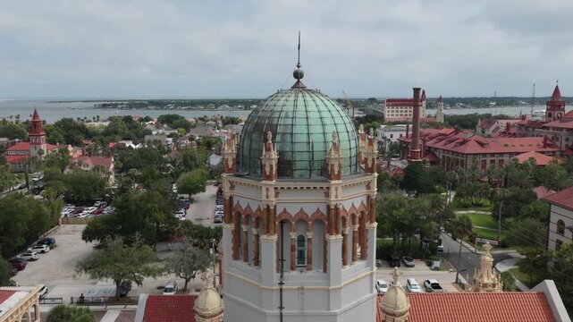 Aerial view of Memorial Presbyterian Church with its iconic copper dome and ornate architecture in St. Augustine, Florida, United States.