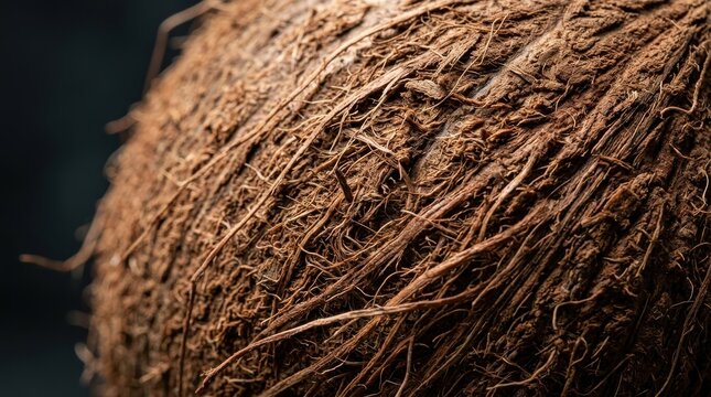 Close up macro view of rough textured whole brown coconut showing fibrous outer husk details on dark background for organic tropical food themes