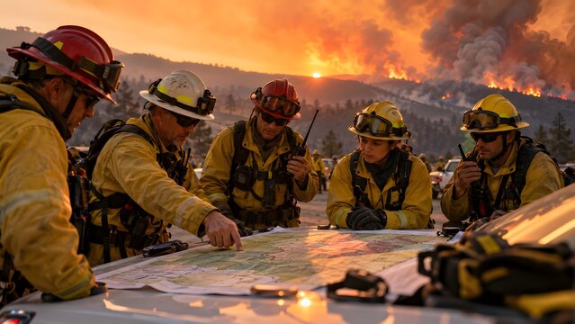 Wildland firefighters in protective gear studying map on truck hood to plan strategy as forest fire burns on mountain ridge at sunset