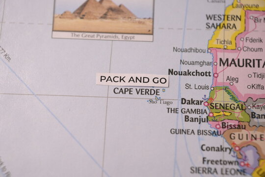 Paper Pack and Go label placed on a map over Cape Verde