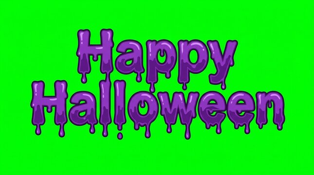 Spooky dripping purple slime Happy Halloween text title isolated on green screen