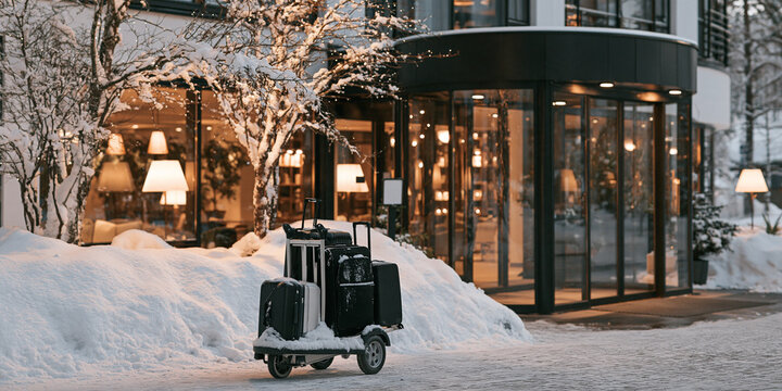 An automated delivery robot in the snow outside a modern hotel entrance. The robot is boxy with a handle, and it sits in a snow-covered courtyard.