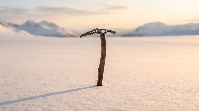 Technical Ice Axe Standing in Fresh Snow &ndash; Minimalist Winter Climbing Equipment Illuminated by Soft Amber Sunrise