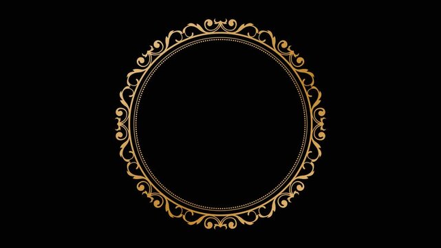 An elegant luxury gold circular frame video featuring intricate vintage floral ornaments and baroque details rotating over a dark black background. Perfect for luxury branding, wedding invitations. 44