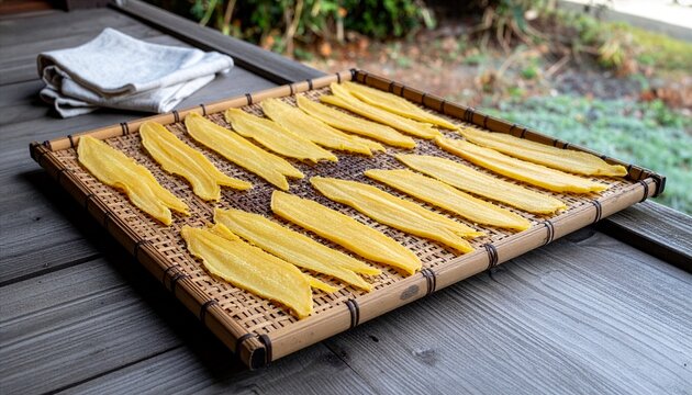 竹ざるに並べて天日干しする干し芋と日本の縁側