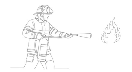 Fototapeta premium Firefighter Extinguishing Fire with Extinguisher - Line Art Illustration