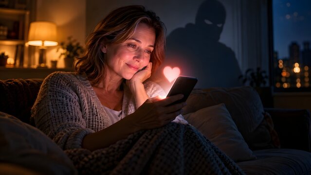 Smiling woman on a sofa looking at a smartphone with a glowing heart while a dark shadowy figure lurks behind her, symbolizing romance scam and online dating fraud