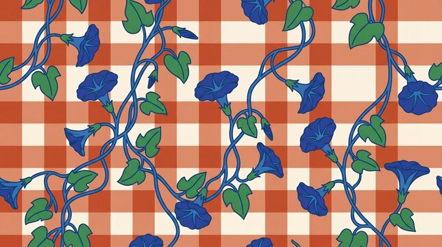 Seamless pattern of blue morning glories on orange gingham plaid background