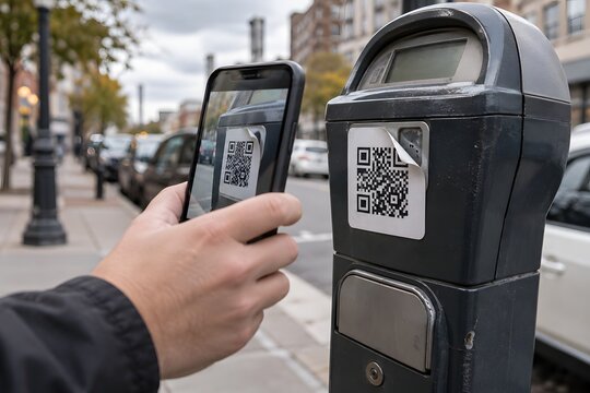 Close-up of a hand holding a smartphone to scan a QR code on a street parking meter for contactless mobile payment on a city sidewalk
