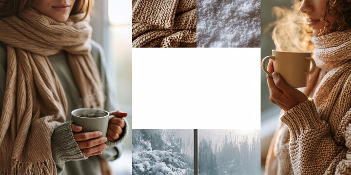 Cozy winter vibes collage. Left side shows a woman in a warm scarf holding a mug. Right side shows another woman in a knitted sweater with steam rising from her mug.