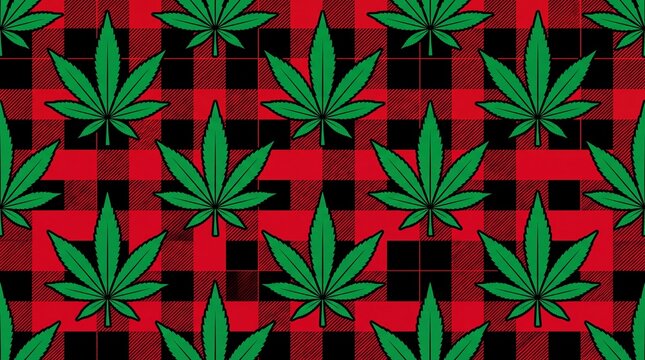 Seamless green cannabis leaves pattern on red buffalo plaid background
