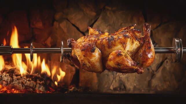 Delicious roasted chicken on spit over fire.