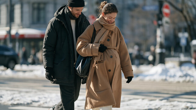 Pregnant woman in winter coat navigating a slushy city crosswalk with deliberate steps, supportive partner beside, winter urban mobility, maternity lifestyle, city pedestrian