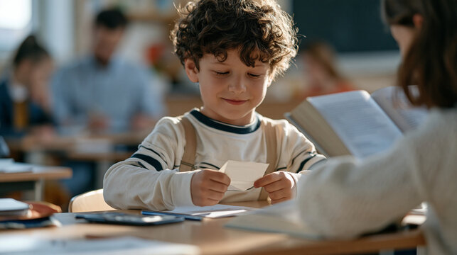 A curly haired boy at a classroom desk passing a folded note sideways to a classmate behind a raised textbook, teacher blurred in background at chalkboard, classroom note passing