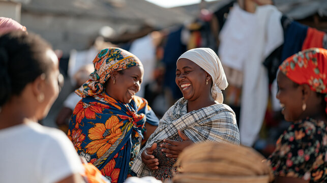 Kenyan women in a communal laundry area chatting and laughing together while hanging clothes, one dramatically mimicking someone with gestures as others react with delight, social