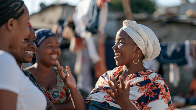 Kenyan women in a communal laundry area chatting and laughing together while hanging clothes, one dramatically mimicking someone with gestures as others react with delight, social