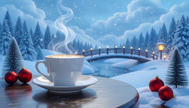 Realistic 3D Render Hot Steaming Coffee Cup In Winter Snow Landscape Background