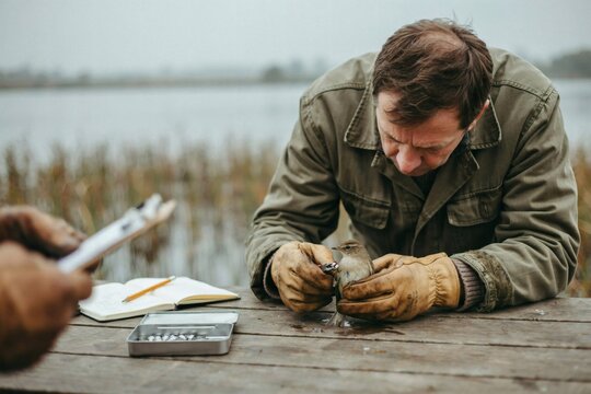 Bird ringer fitting a leg band on a small songbird