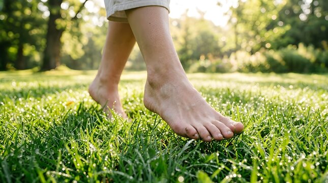 Barefoot person walking on green grass in a sunny park with natural morning light and copy space
