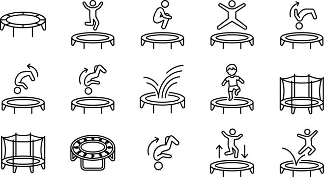 Trampoline Jumping and Acrobatic Flip Line Icon Set for Fitness Graphic DesignsTrampoline Jumping and Acrobatic Flip Line Icon Set for Fitness Graphic Designs