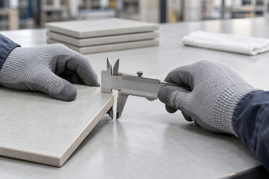 Quality Control Technician Measuring Ceramic Tile Thickness with Caliper