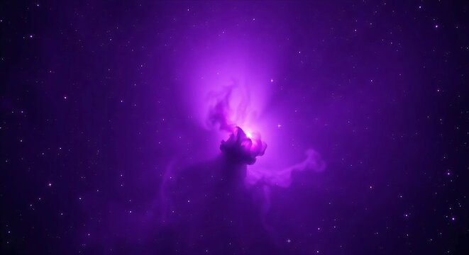 Vibrant purple nebula glowing in deep space darkness.