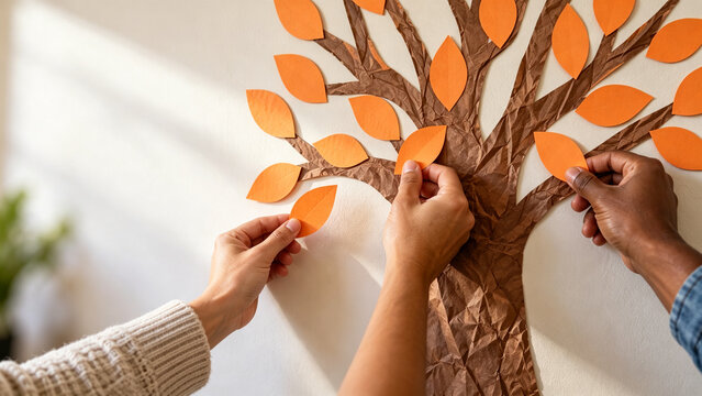 Diverse group of people attaching orange paper leaves to a craft gratitude tree on a wall during an autumn community activity
