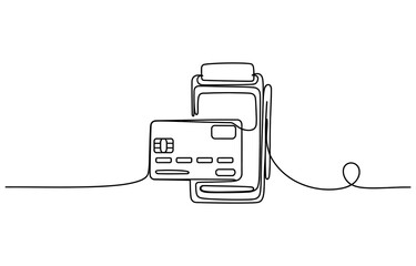Obraz premium Continuous one line drawing of a credit card being used with a payment terminal machine for financial business transaction
