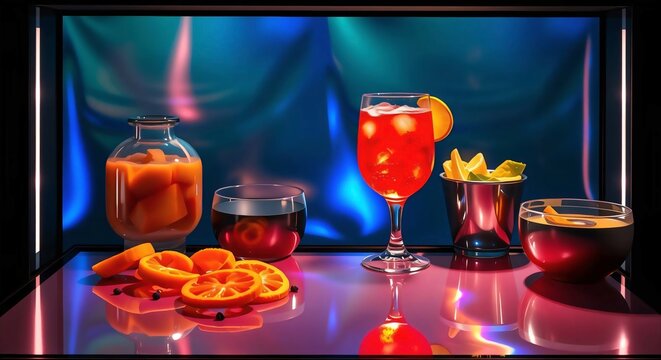 Vibrant red cocktail with orange garnish and citrus slices on reflective bar surface.