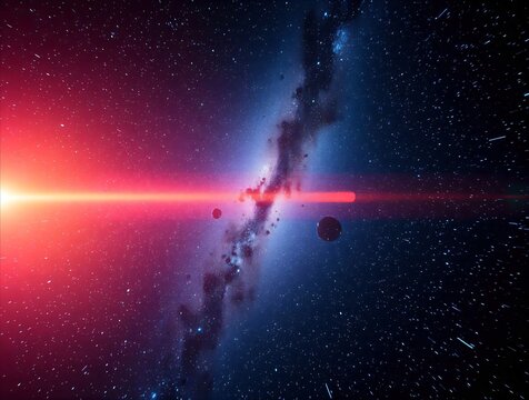 Vibrant space nebula with bright red lens flare and cosmic dust.