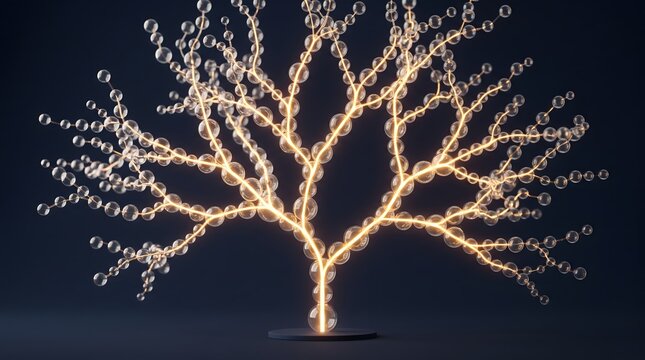 Glowing tree branches form bubble network, Dark background highlights warm digital light, Glass spheres illuminate organic growth connection, Surreal nature concept expresses future energy