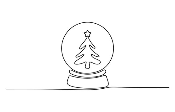 Continuous single line drawing of a christmas snow globe with a fir tree inside