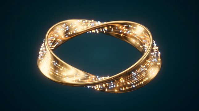 Golden mobius strip forms infinity loop, Glowing light particles flow continuous cycle, Abstract digital network demonstrates data transfer, Metallic ribbon represents seamless technology evolution