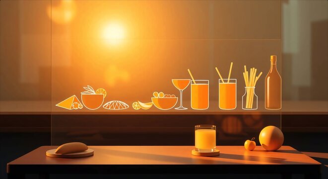 Warm Breakfast Scene With Orange Juice And Citrus Fruits.