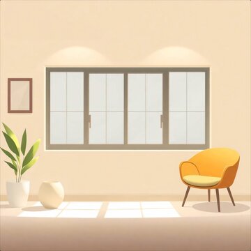 Warm minimalist living room with orange armchair and potted plant.