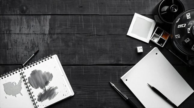 Watercolor painting supplies and sketchbook on dark wooden table.