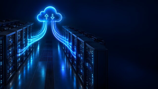 Glowing blue cloud icon with upload and download arrows connected by light streams to server racks in dark data center corridor