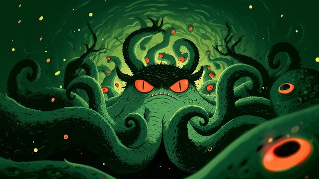 A terrifying green sci-fi monster with bright orange eyes and writhing tentacles lurked in the dark depths.