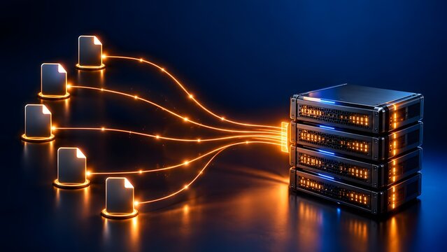 Digital document icons transmitting data along glowing orange fiber lines into stacked hardware server units for centralized storage